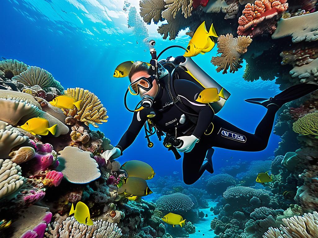 Подводная фотография водолаза-ихтиолога, проводящего исследования рыб у коралловых рифов