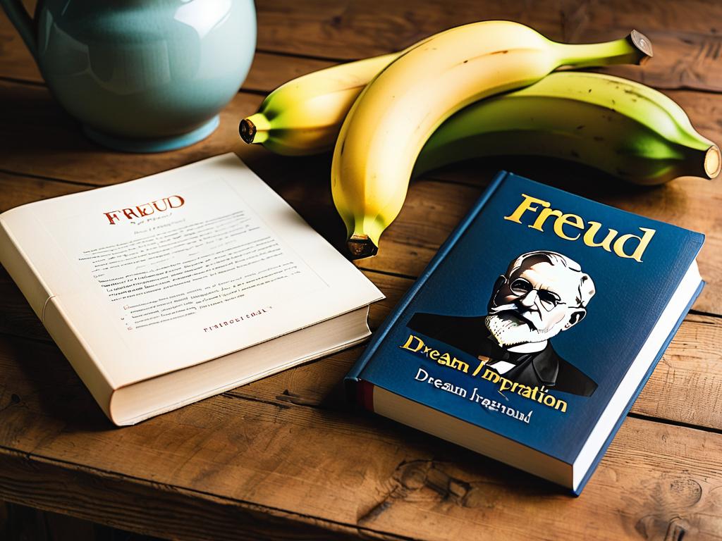 Книга Фрейда о трактовке снов рядом с бананами на деревянном столе