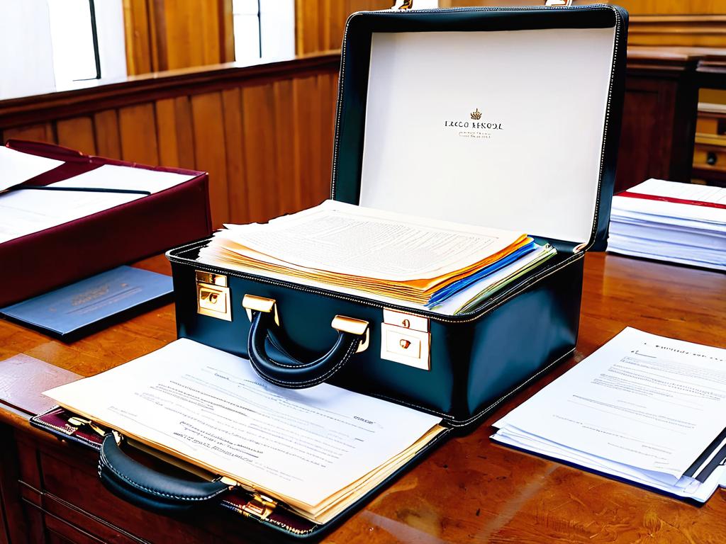 Открытый портфель на столе, внутри различные юридические документы.