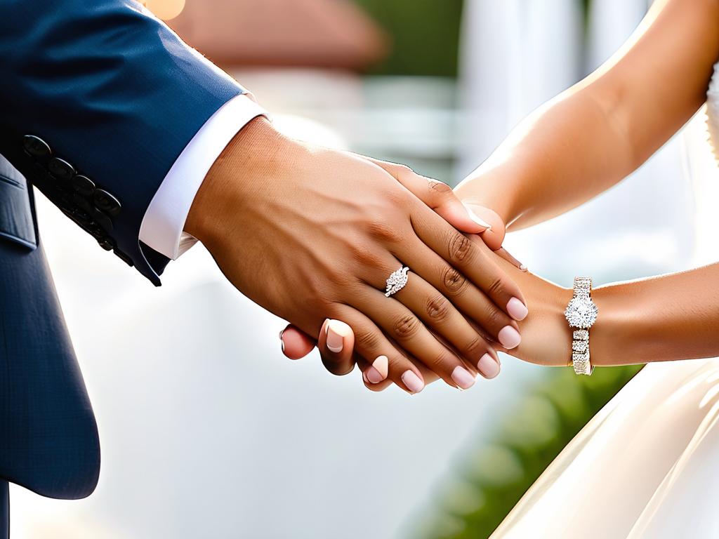 Супруги счастливо держатся за руки, на которых видны обручальные кольца, означающие крепость их