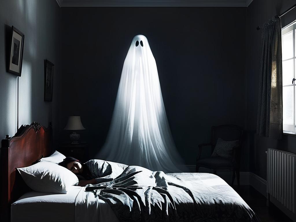Жуткая тень призрака нависает над спящим человеком
