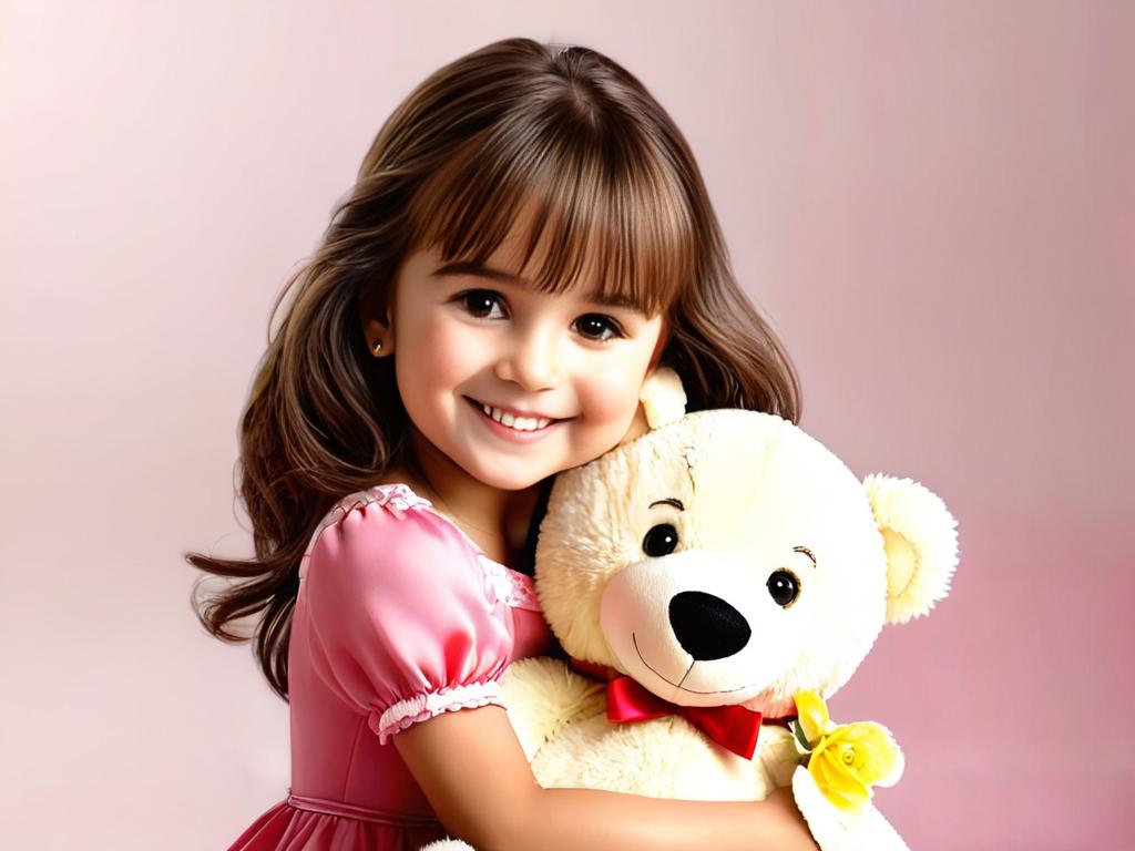 Маленькая девочка с каштановыми волосами в розовом платье обнимает плюшевого медведя и улыбается