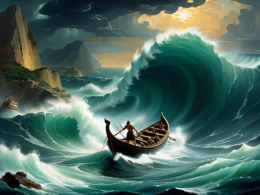 Картина, изображающая Одиссея, проходящего через опасный пролив с чудовищами Сциллой и Харибдой