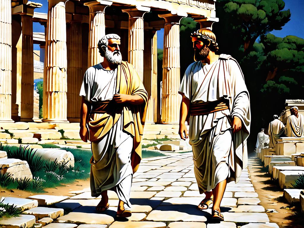 Платон и Аристотель прогуливаются и обсуждают философию в Древней Афинах