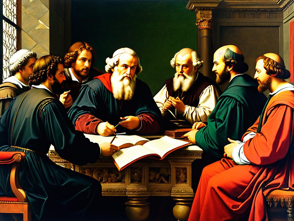 Живописное полотно, изображающее философов эпохи Возрождения, ведущих дискуссию