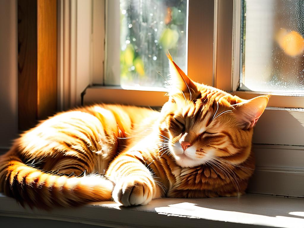 Рыжий кот спит, свернувшись калачиком на подоконнике в лучах солнца