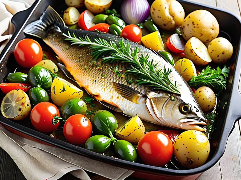 Фото запеченной рыбы с овощами - картофелем, помидорами, луком и зеленью