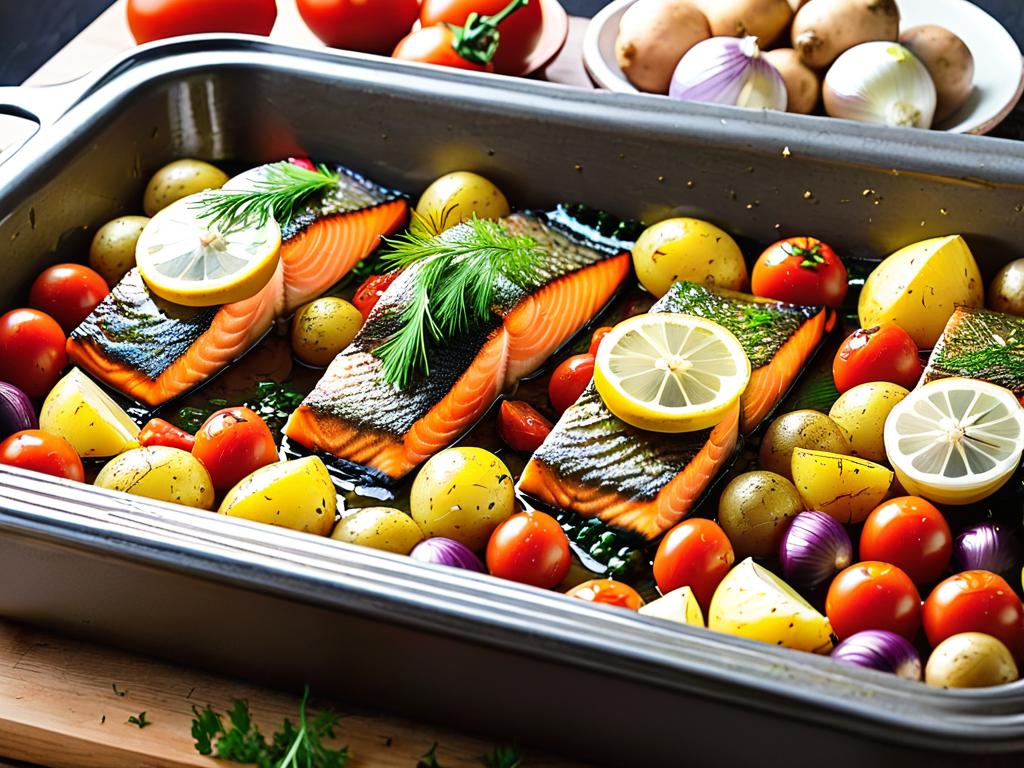 Рецепт пошагового приготовления запеченного лосося с овощами - картофелем, помидорами, луком,