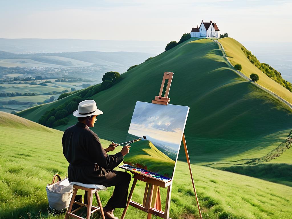 Художник пишет картину на мольберте на холме