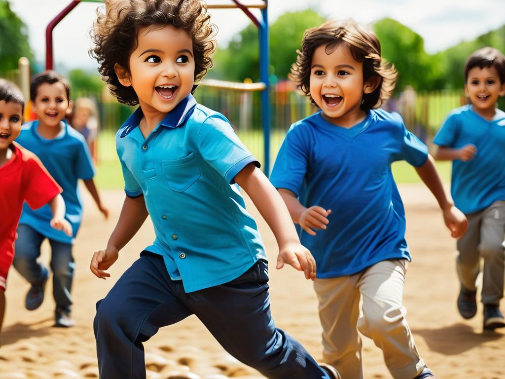 Группа детей играет на детской площадке, мальчик в синей рубашке ведет игру