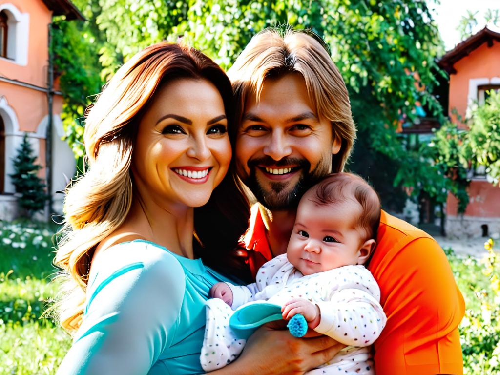 Елена и Дмитрий Маликовы с ребенком на руках улыбаются