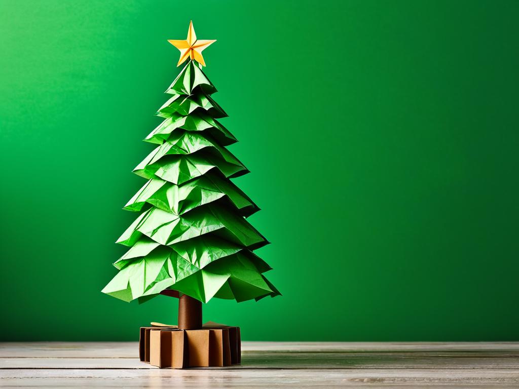 На фото представлена первая идея - простая елка, сделанная из смятой зеленой бумаги, установленная