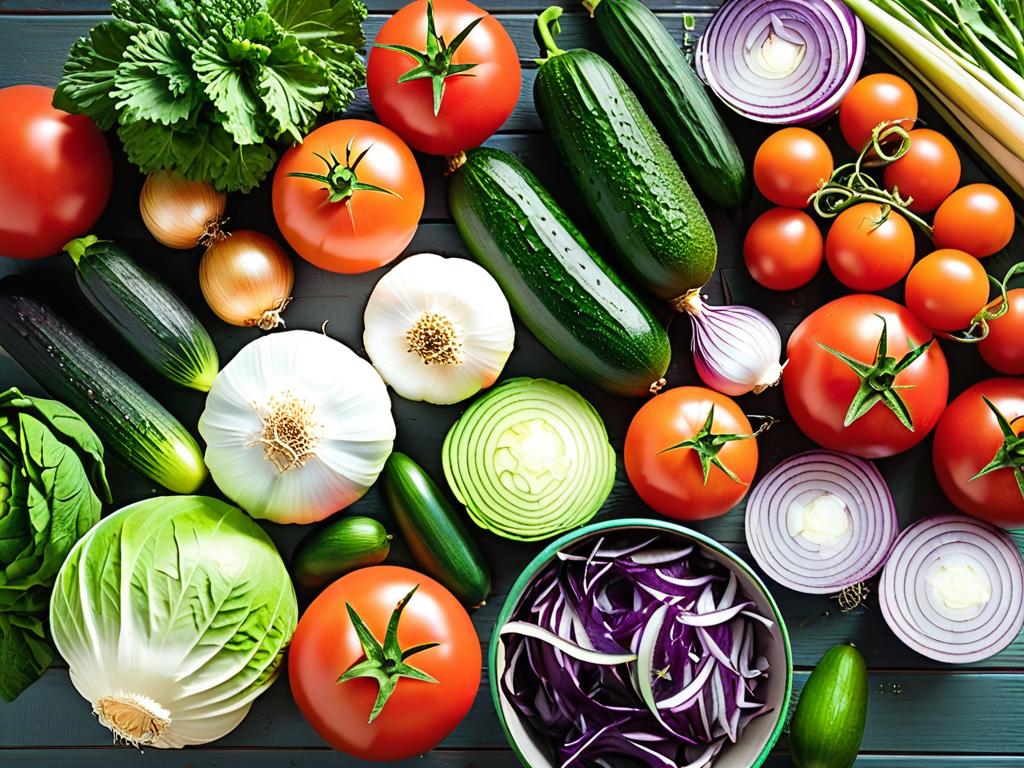 Овощи для салатов - помидоры, огурцы, морковь, капуста, лук, чеснок. Ингредиенты для приготовления