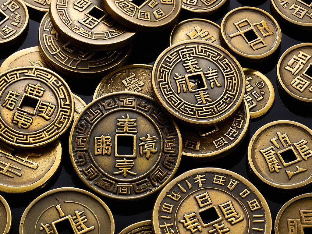 Старинные китайские деньги - бронзовые монеты и слитки на белом фоне