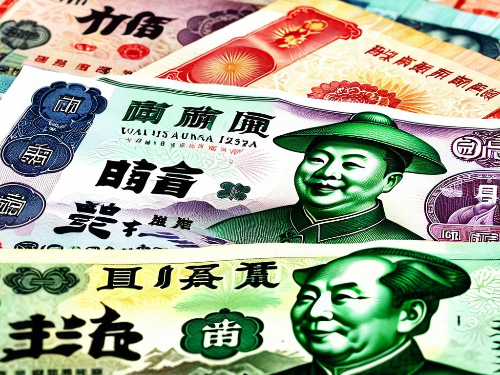 Китайские юани разных номиналов с наложением китайской каллиграфии