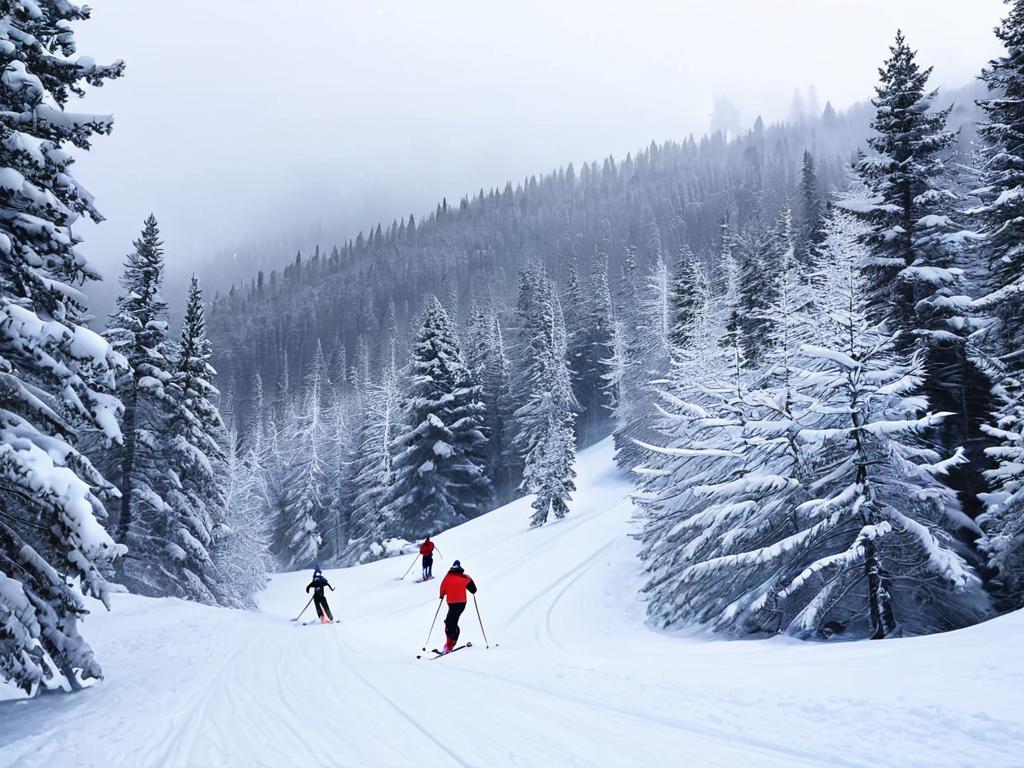 Лыжники катаются по склонам на фоне снежного леса