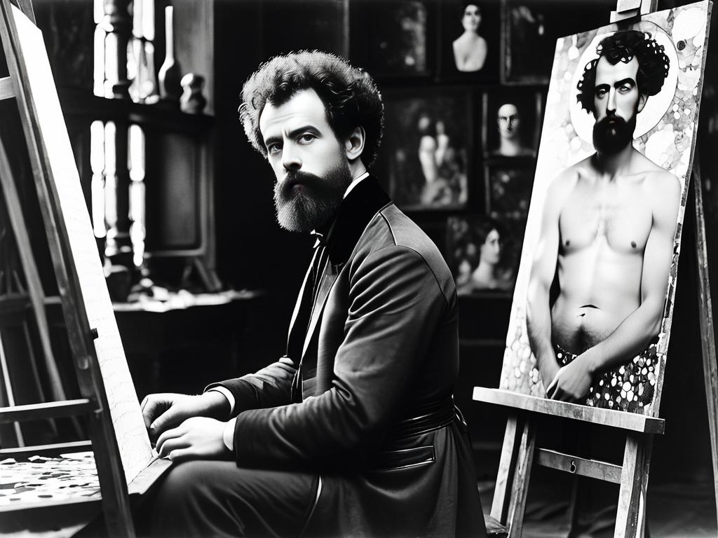 Густав Климт в своей мастерской, черно-белая фотография молодого художника