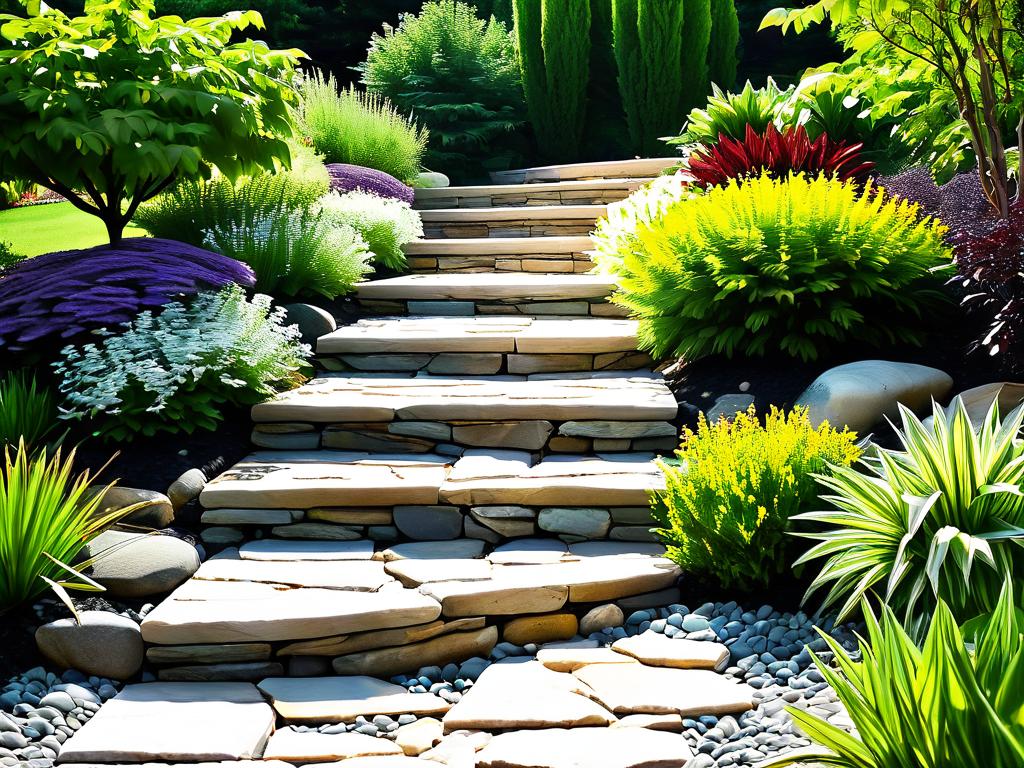 Природные каменные ступени из гранита в ландшафтном дизайне сада