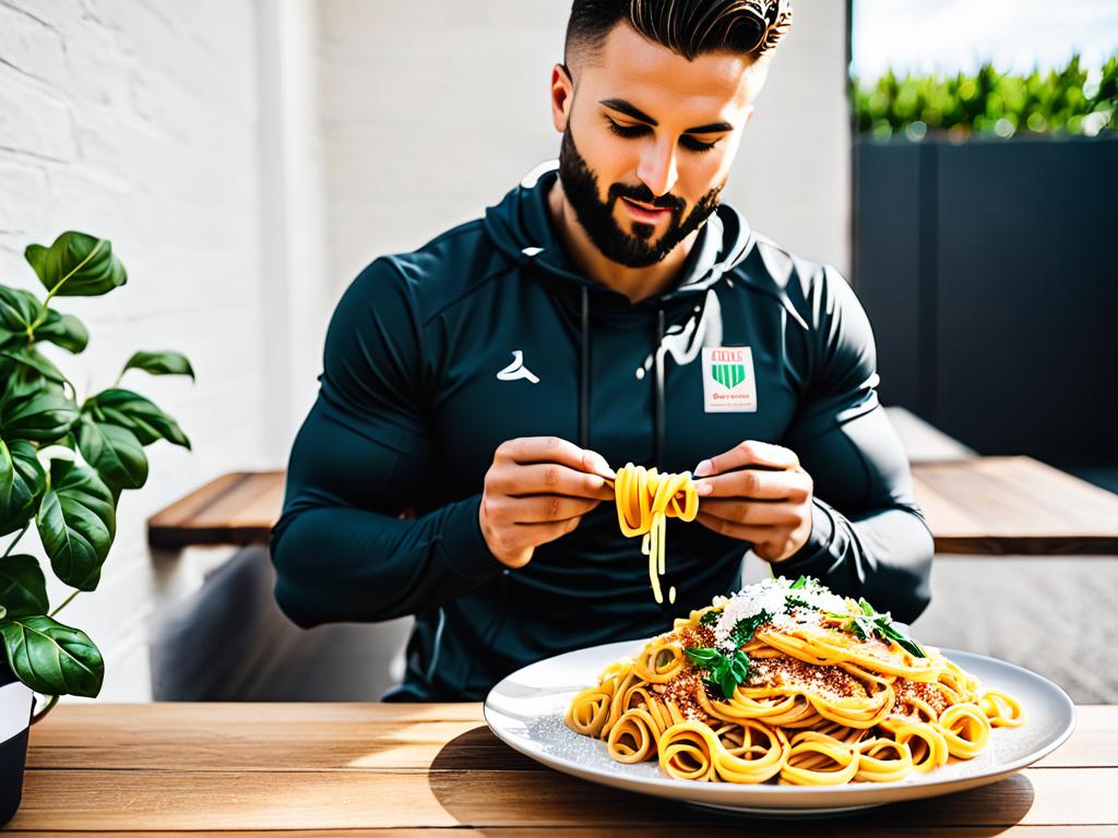 Спортсмен ест макароны чтобы восполнить запасы гликогена