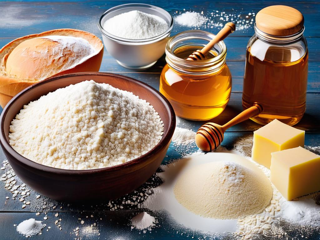 Ингредиенты для замеса теста Дарницкого хлеба - вода, мука, соль, дрожжи и мед на фоне стола для