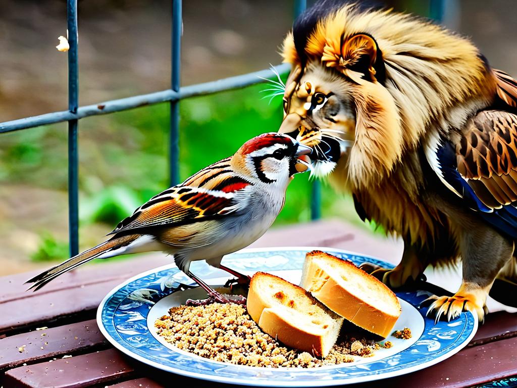 Воробей клюет хлебные крошки с тарелки для еды в клетке льва
