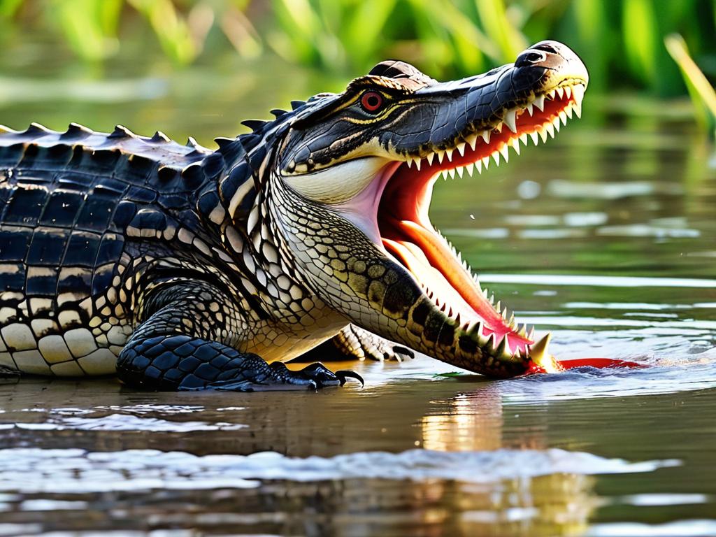 Воробей в страхе улетает, а крокодил пытается схватить его, раскрыв пасть