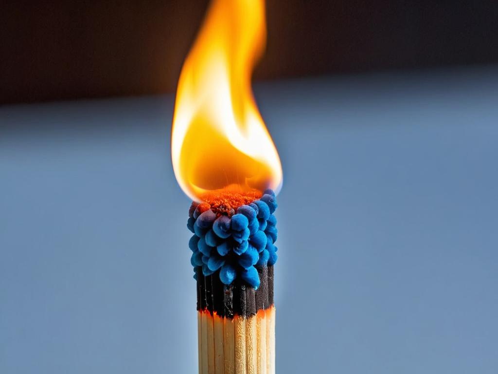 Крупный план горящей спички с оранжевым и синим пламенем