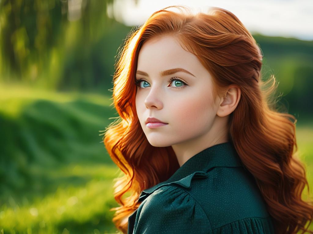 Портрет рыжеволосой девушки Арины, задумчиво смотрящей вдаль