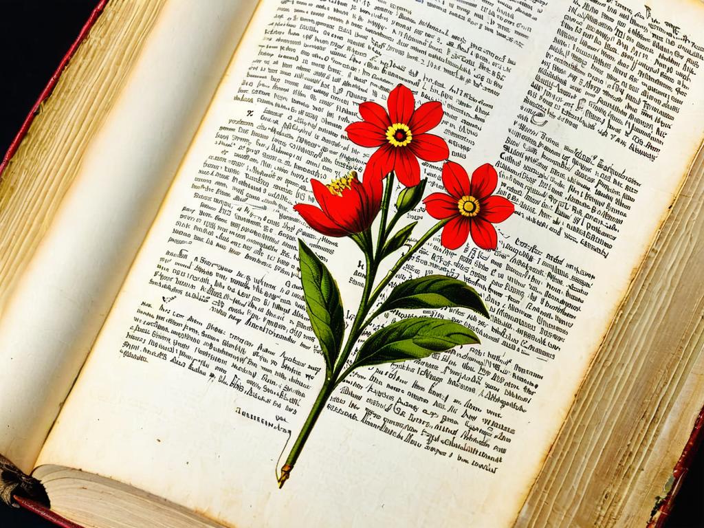 Старая книга с иллюстрациями цветов на страницах