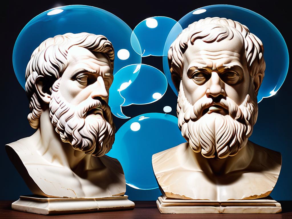 Бюсты древнегреческих философов Платона и Аристотеля с облачками над головами, символизирующими их