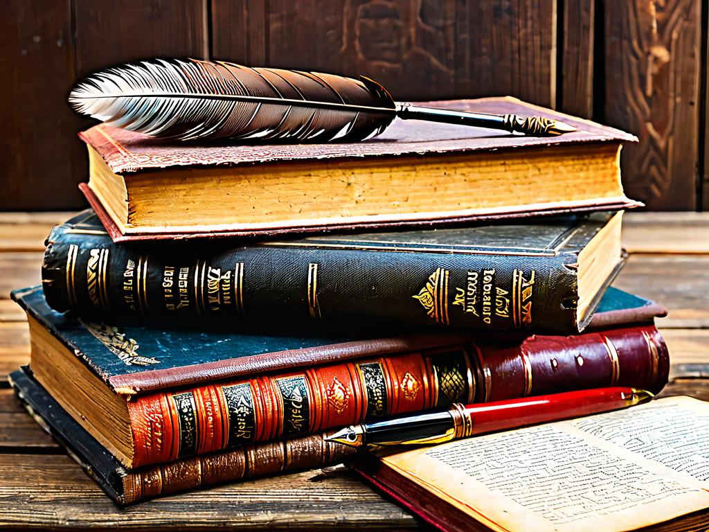 Старинные книги и перо на деревянном столе