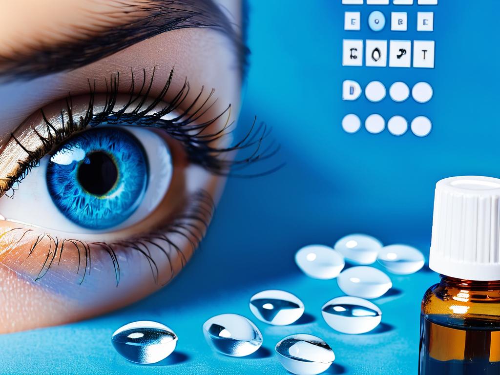Флакон с глазными каплями и таблица для проверки зрения на голубом фоне