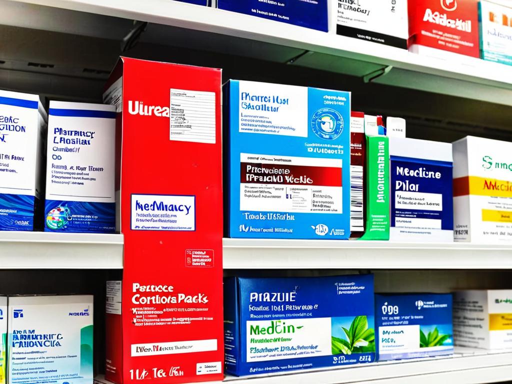 Ряд упаковок лекарств на аптечной полке