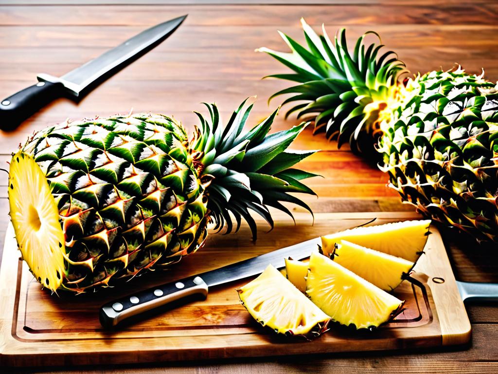Спелый сочный ананас на разделочной доске с ножом, ингредиенты для приготовления фруктового салата.