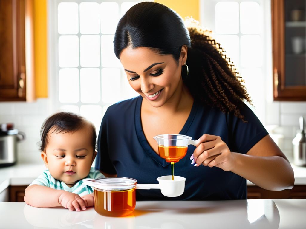 Женщина отмеряет дозу сиропа мерным стаканчиком перед тем, как дать его ребенку