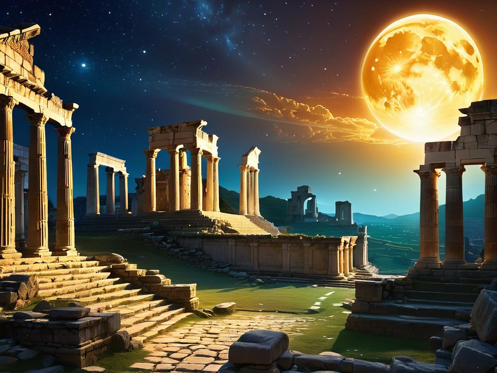 Мифологическая сцена, где Альдебаран ярко светит над древними руинами