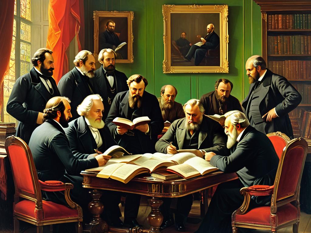 Картина маслом, изображающая русских литераторов 19-го века, собравшихся вместе читать и обсуждать