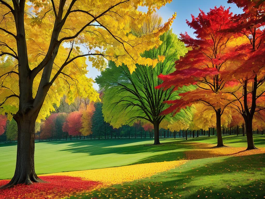 Осенние деревья с красными, желтыми и зелеными листьями - символ смены времен года и природных