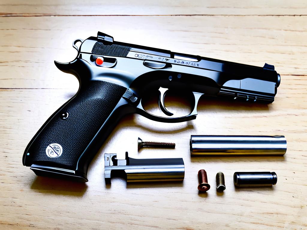 Разобранный пистолет CZ 75 со всеми деталями на столе