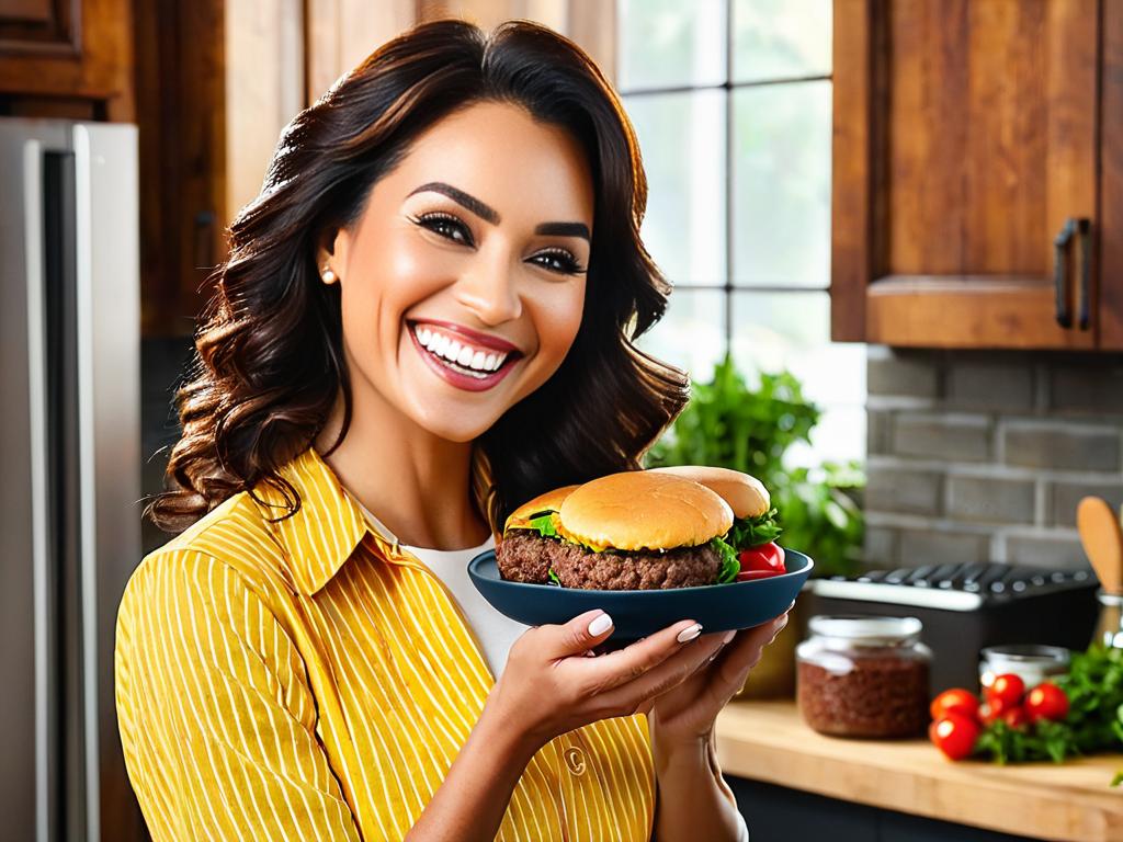 Женщина улыбается держа в руках свежеперемолотые мясные котлеты на кухне