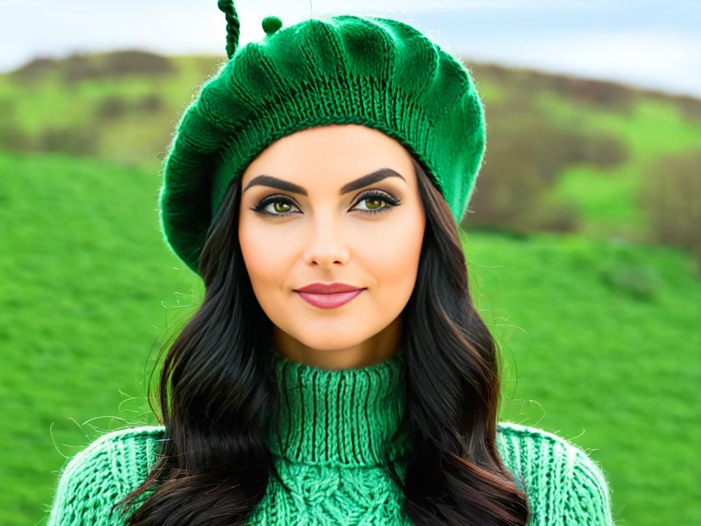 Женщина в классическом зеленом шерстяном вязаном берете