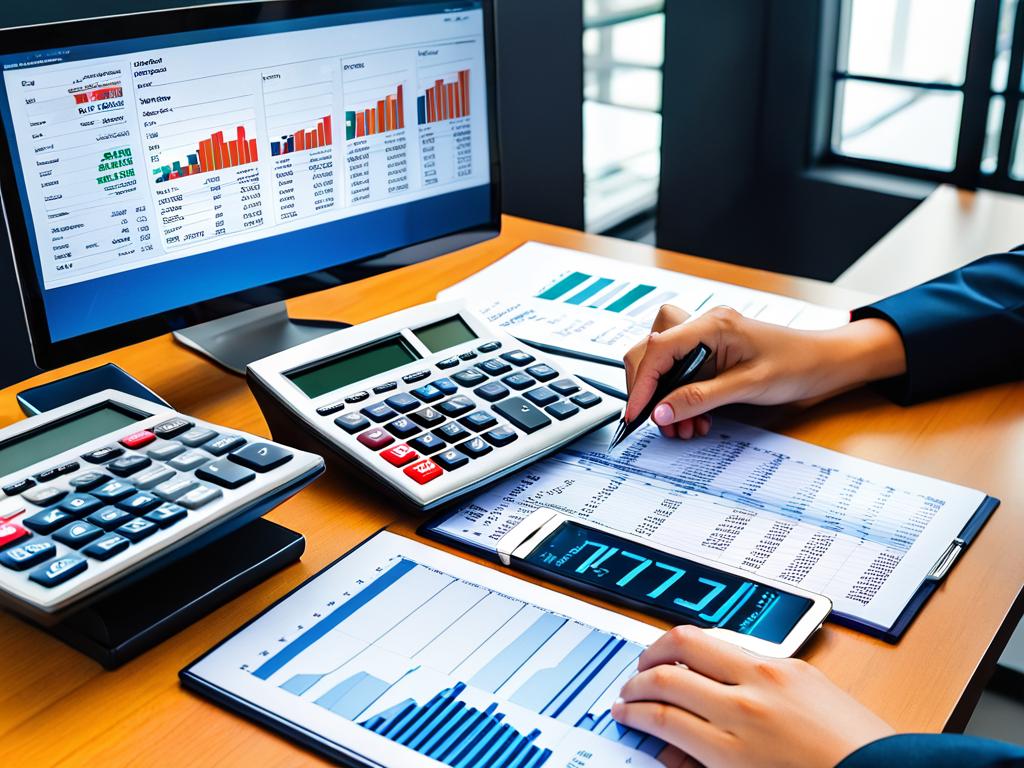 Человек с калькулятором анализирует финансовые показатели на экранах компьютера