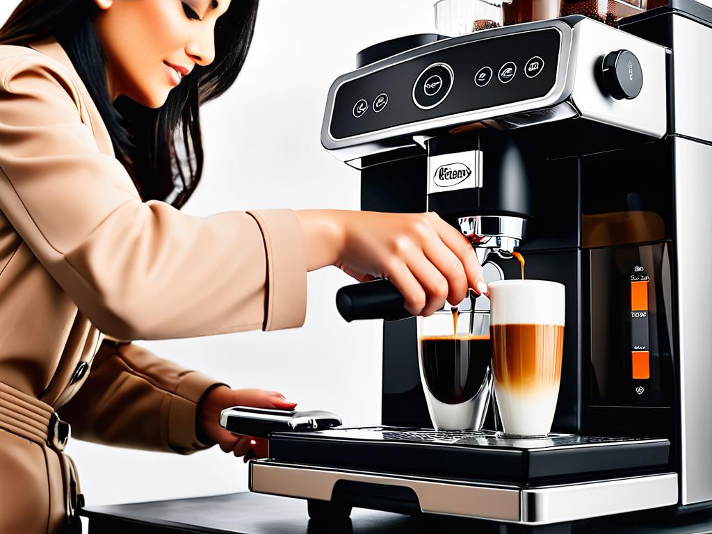Фото женщины, готовящей чашку кофе в капсульной кофемашине одним нажатием кнопки.