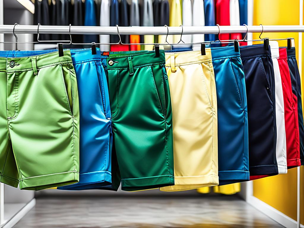 Подборка модных мужских шорт разных цветов в магазине одежды