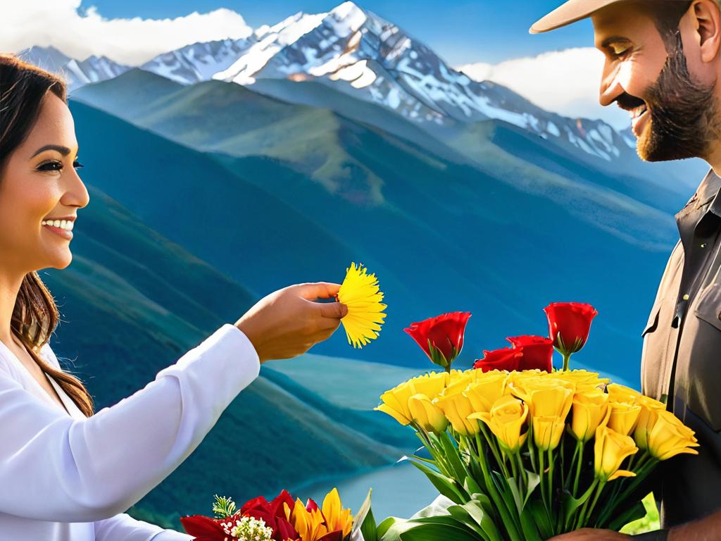 Кавказский мужчина дарит женщине цветы на фоне гор