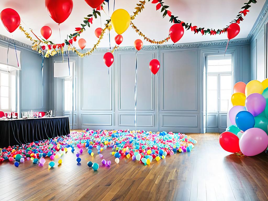 Ярко украшенный зал с шарами и гирляндами для празднования юбилея