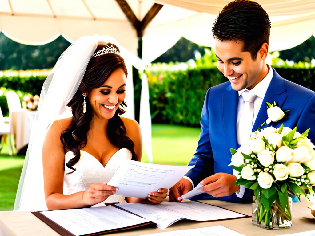 Жених и невеста улыбаются, глядя на разложенные на столе свадебные документы
