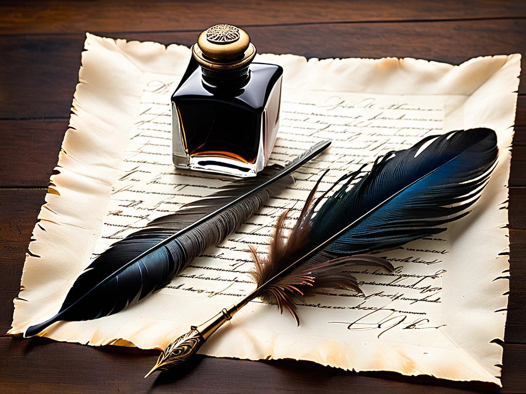 Антикварная чернильница и гусиное перо на пергаменте, выражающие сущность и специфику написания эссе