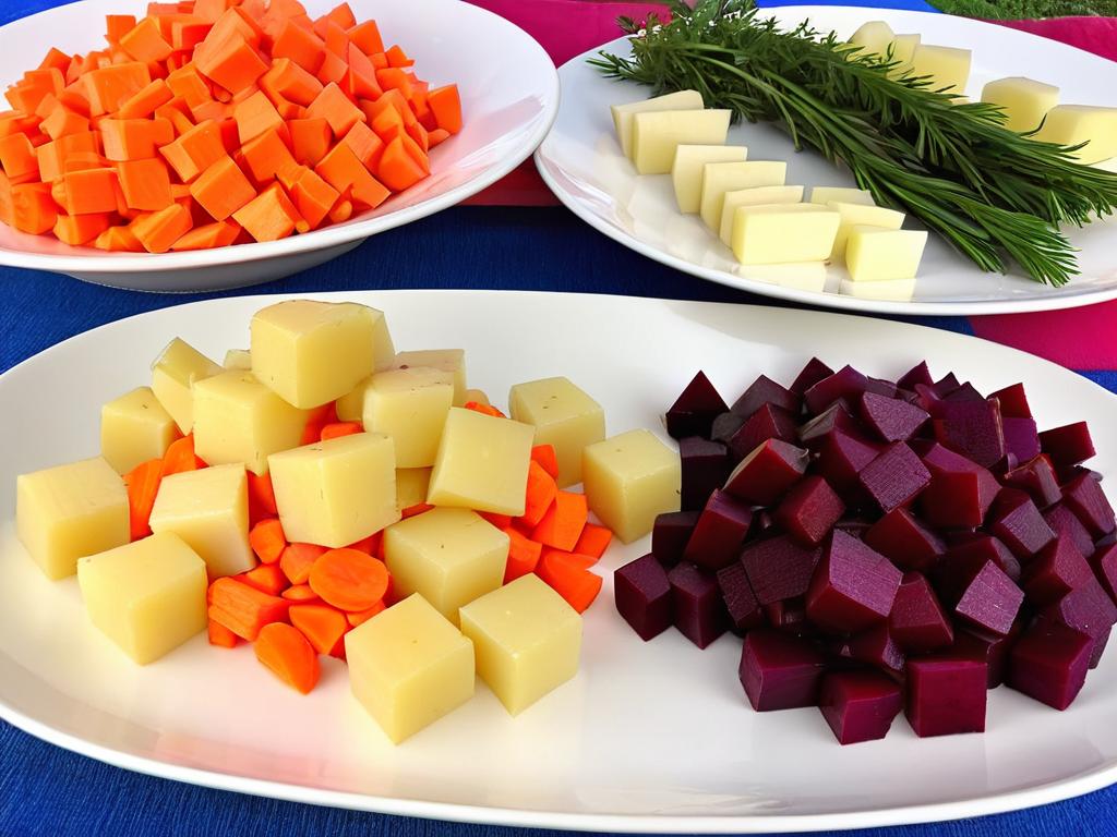 Вареные овощи для селедки под шубой нарезаны кубиками на тарелках