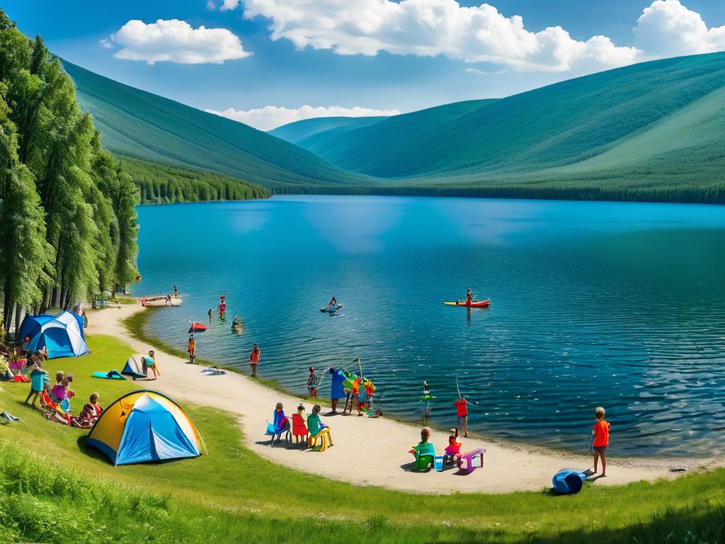 Панорамный вид лагеря на берегу озера Зеркального, дети веселятся